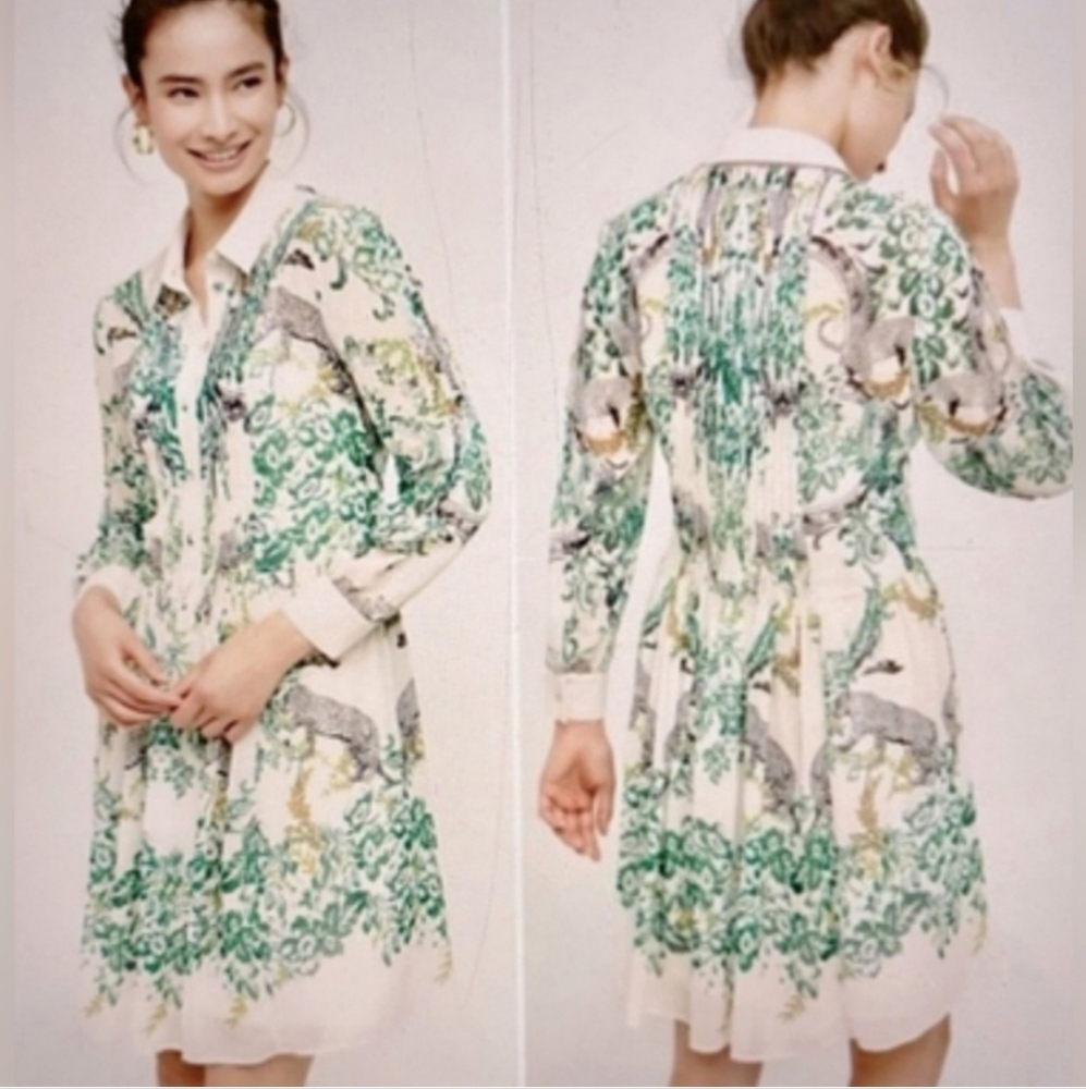 Maeve Anthropologie Ria Jungle Long Sleeve Sheer Collared Shirt Dress Boho